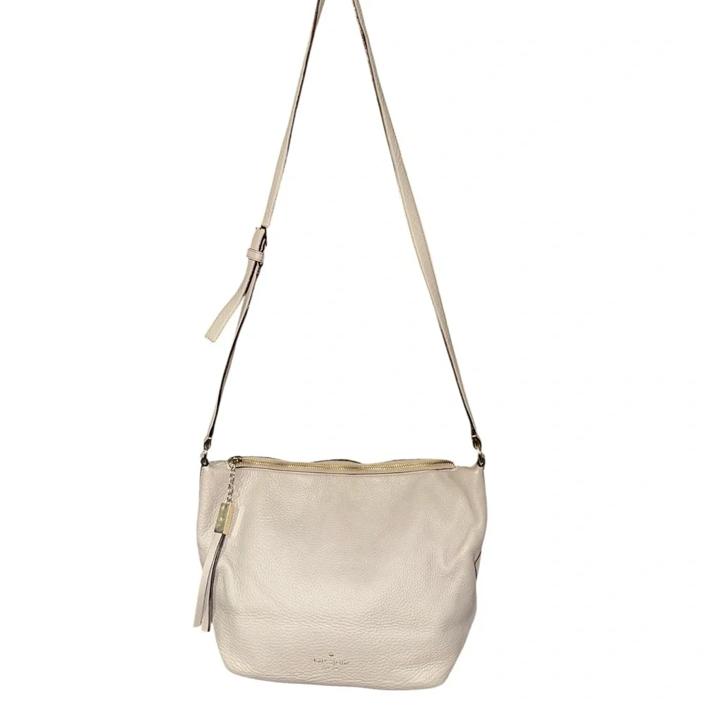 Kate Spade New York Hobo Bag Beige Pebbled Leather Crossbody
